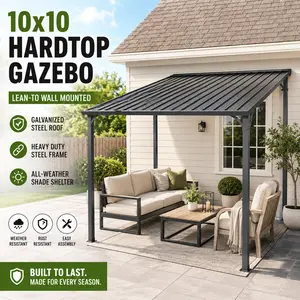 10x10 FT Outdoor Hardtop Gazebo Pergola Lean to Wall Mounted Galvanized Steel Carport Heavy Duty Backyard Sun Shade Shelter Canopy Awning Extension for Yard Patio Deck Pavilions Porch Roof Extension