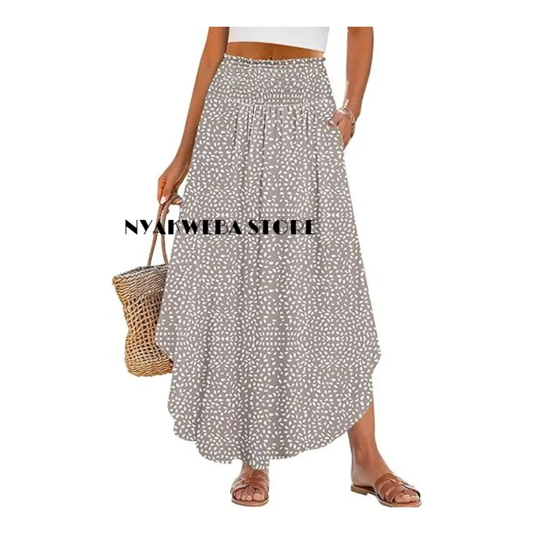 NYAKWEBA Women's Floral Print Boho Maxi Skirt – Smocked High Waisted Flowy A-Line Long Beach Skirt with Pockets