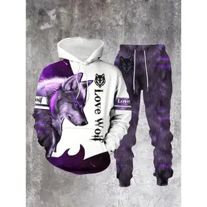 Men's Wild Wolf Print Hoodie Set, Comfortable Polyester Fabric, Perfect for Spring & Fall, Sporty Style