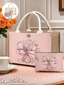 Nurse Theme Handbag and Makeup Bag Set, Stethoscope, Heart, Syringe, Thermometer, Pill Print, Back-To-School, Travel Accessory, Travel Shoulder Bag, Travel Cosmetic Bag, Travel Essentials