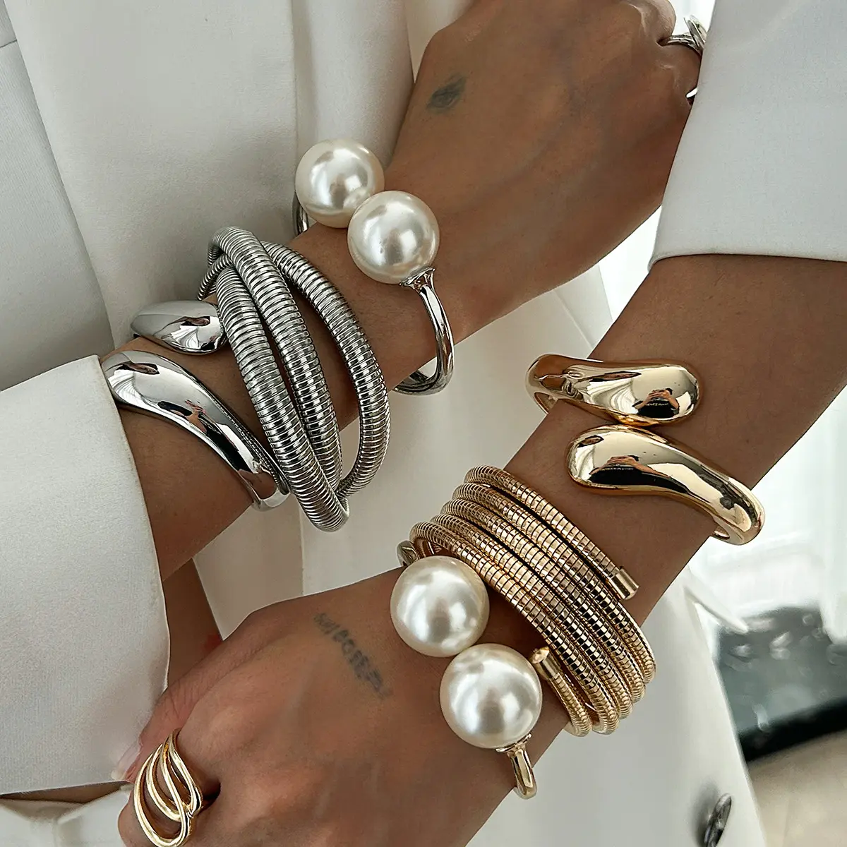 FASHION - KMVEXO Vintage Layer Geometric Chunky Bangles Gold Silver Color Metal Cuff Open Stacking Bracelet Bangle Streetwear Punk Jewelry