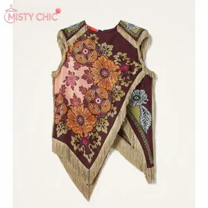 MISTY CHIC Ethnic Vintage Floral Print Woman Clothes Elegant O Neck Tassel Cross Split Irregular Top Summer Sleeveless Zipper Blouse Shirts,  Floral print with tassel trim, vintage atmosphere,Women's fashionable versatile sleeveless vest