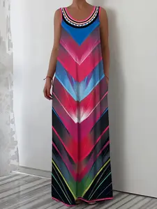 Women's Plus Size Printed Sleeveless Vest Dress, Loose Fit Slimming Cover-Up, Casual Vacation Dress, Casual Boho Sundress, Daily Home Wear, Versatile Fashion, Bohemian Style Dresses, Womenswear