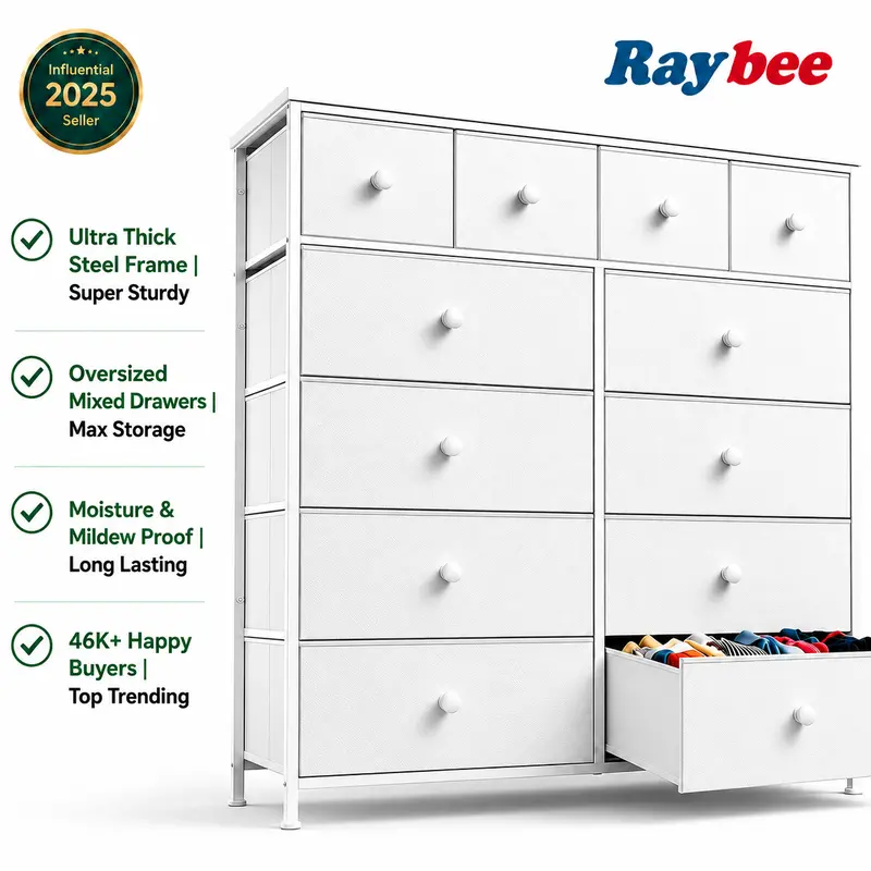 【Limited Deal】Raybee 12 Drawer Fabric Dresser for Bedroom Closet, Tall Storage Tower & TV Stand, Thickened Metal Frame Wood Top, Budget Friendly Space Saving Clothes Organizer Cabinet for Dorm Apartment, Cute Aesthetic Vanity Room Decor #StorageHacks