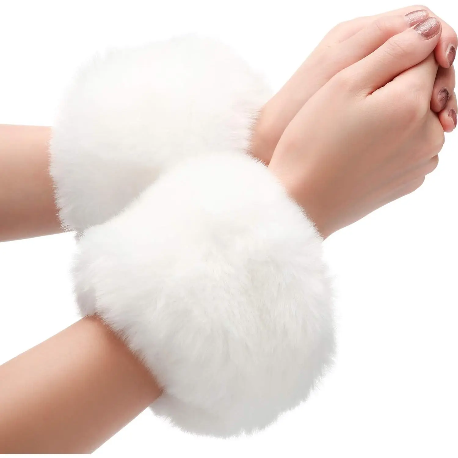 Women's Faux Fur Wrist Cuffs, Fuzzy Short Elastic Arm Warmers, Warm Winter Fashion Accessory for Costumes, Gloves Warm