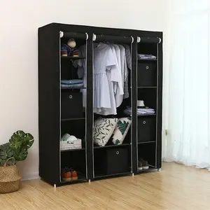 69 inch Portable Wardrobe Storage Organizer with Non-Woven Material Quick Easy Assembly Super Strong Durable Black Closet for Small Rooms