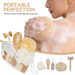 AQUPUVIR 6-Pieces Wooden Shower Accessories Set - Hair Brush, Soft Loofah, Face Roller, Exfoliating Sponge, Pumice Stone, Heart-Shaped Trinket Box, Exfoliating Tools for Gifting