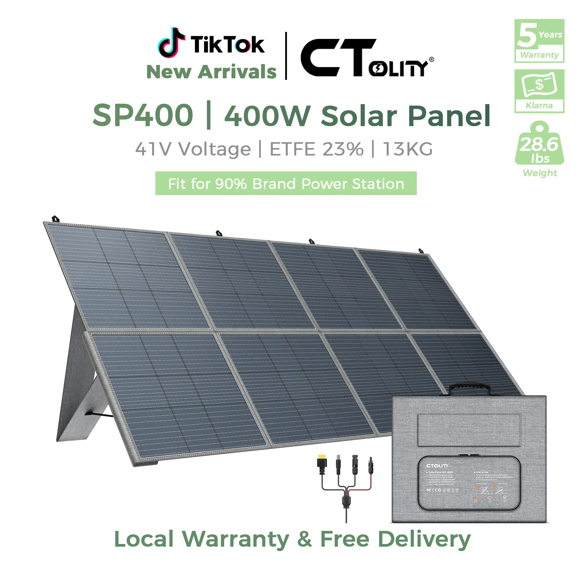 CTOLITY SP400 High Efficiency Single Crystal Off Grid Solar Panel (400W, 18V 22.2A) - Foldable Portable Charger with MC4/XT60 Connector, 12AWG Cables for RV Camping, Portable Power Station - 5-Year Warranty, Rechargeable Solar Panel Solar Panels For Campi