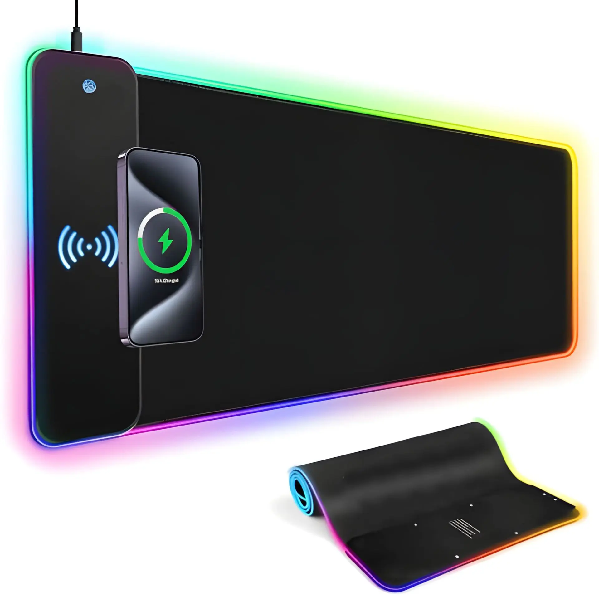 XXL gaming mousepad with magnetic wireless charging, RGB black mousepad/desktop pad, waterproof, suitable for office, home, gaming and other scenarios.