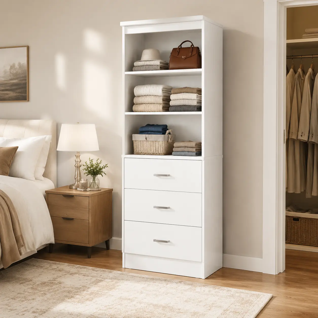 Aheaplus 71" Tall Closet System with 3 Wood Drawers, 6-Tier Freestanding Walk-in Closet Organizer Tower Wardrobe Armoire with Adjustable Shelves, White