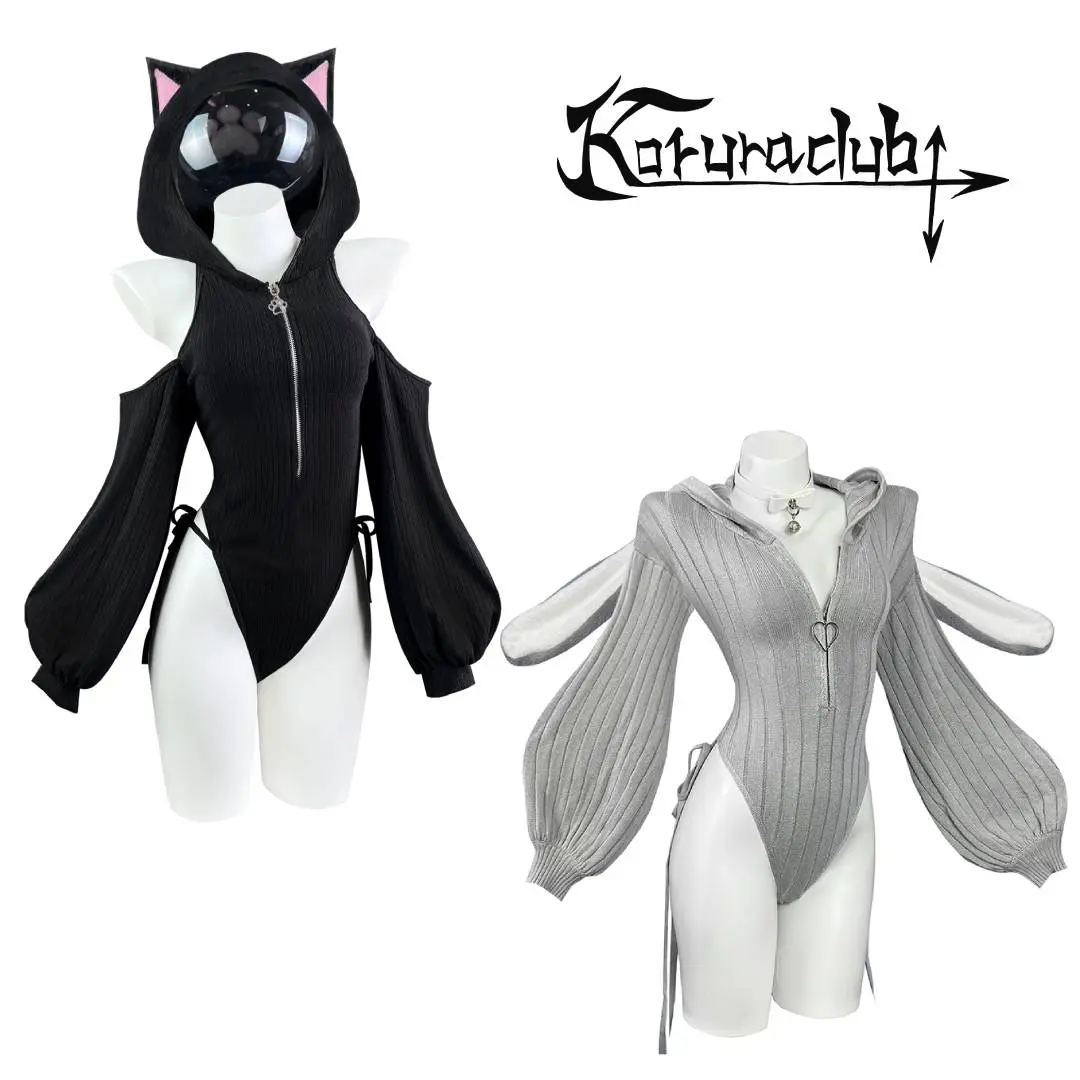 KORURUACLUB Cat Suit With Bunny Suit 2pcs Cosplay Set - Black & Pink Hooded Outfit for Women