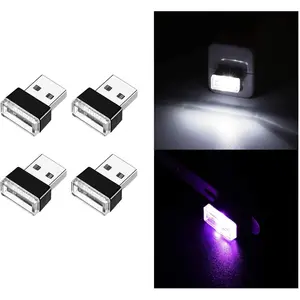 4 count USB LED  Interior Atmosphere Lamp, Portable Mini LED Night Light, Plug-in USB Interface Trunk Ambient Lighting Kit, Universal Interior Accessories for   (White, Purple)