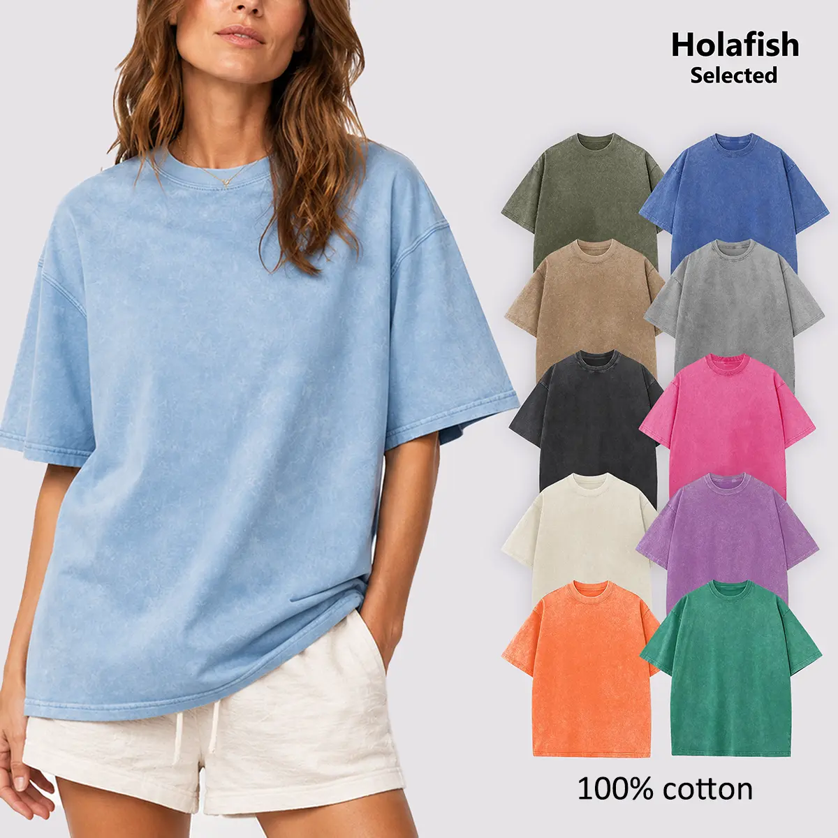 Holafish 1/2 Pack Women's Acid Wash T-Shirt, Cotton Crew Neck Short Sleeve, Relaxed Loose Fit Solid Summer Streetwear Basic Tee for Everyday Unisex Wear summervibes