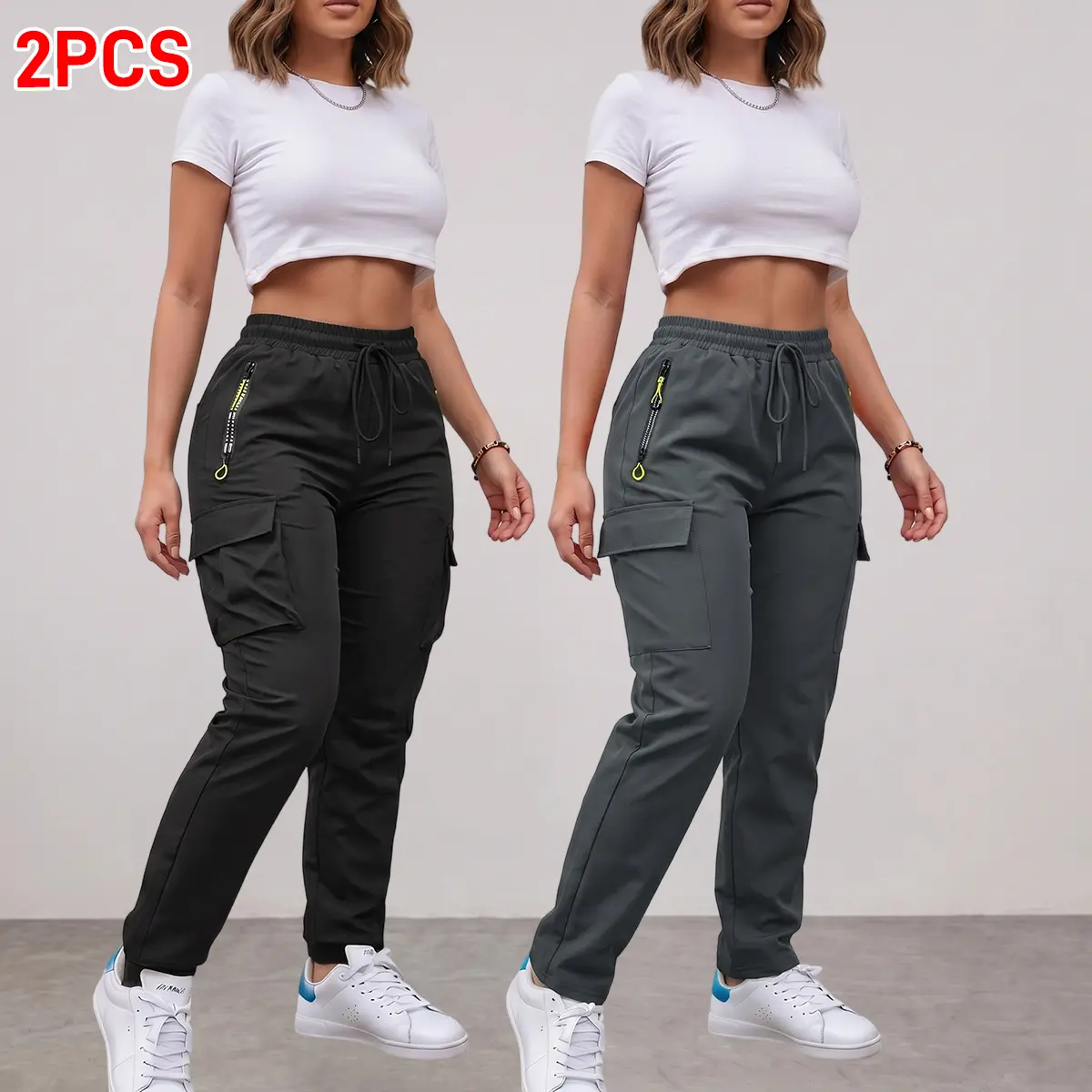 Women's Fashion 2 Piece Set, Lightweight Cargo Style Pants with Drawstring Waist & Long Sleeve Crop Top, Casual Workout Outfit, Bottom, 2 Piece Sets, Women's Clothing, 2Pcs, Basic, Everyday Outings, Utility Style, Waist-Level Pants, Synthetics, Female