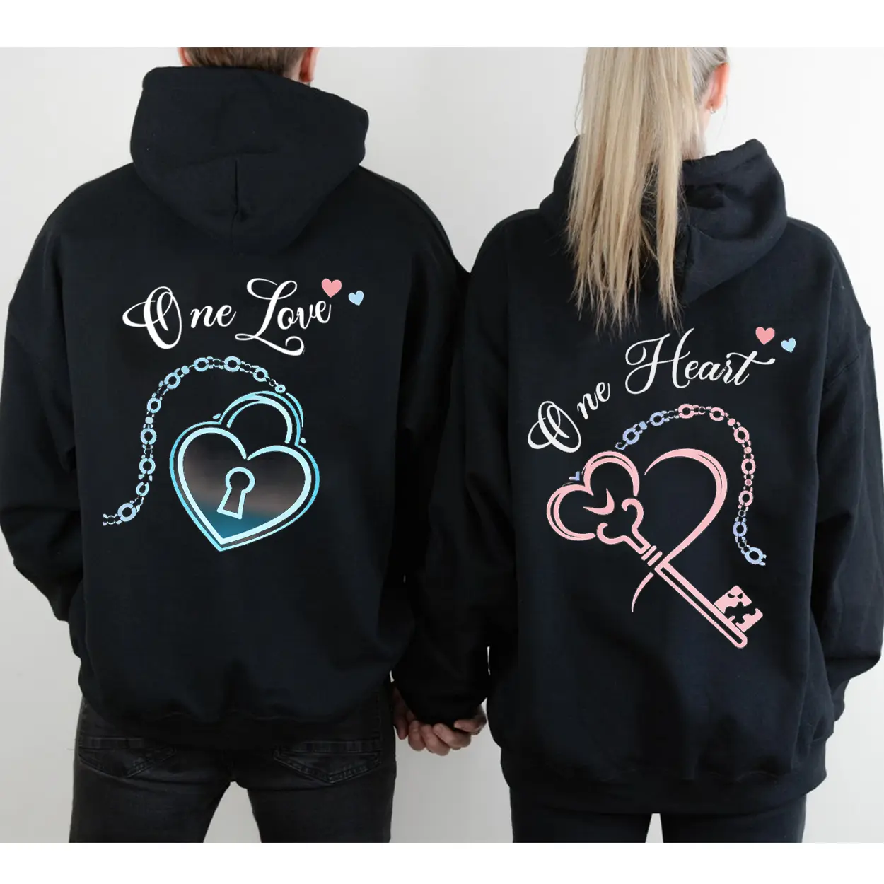 One Love One Heart Couple Matching Hoodies Casual Street Style Fleece Fabric Pullover Hooded Sweatshirt Tops Trendy for Women for Men, Perfect Gift