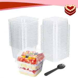 25-Pack 8oz Mini Square Clear Dessert Cups with Lids & Spoons – Plastic Ice Cream, Fruit, Parfait, Pudding, Cupcakes, Salads Party Disposable Cups