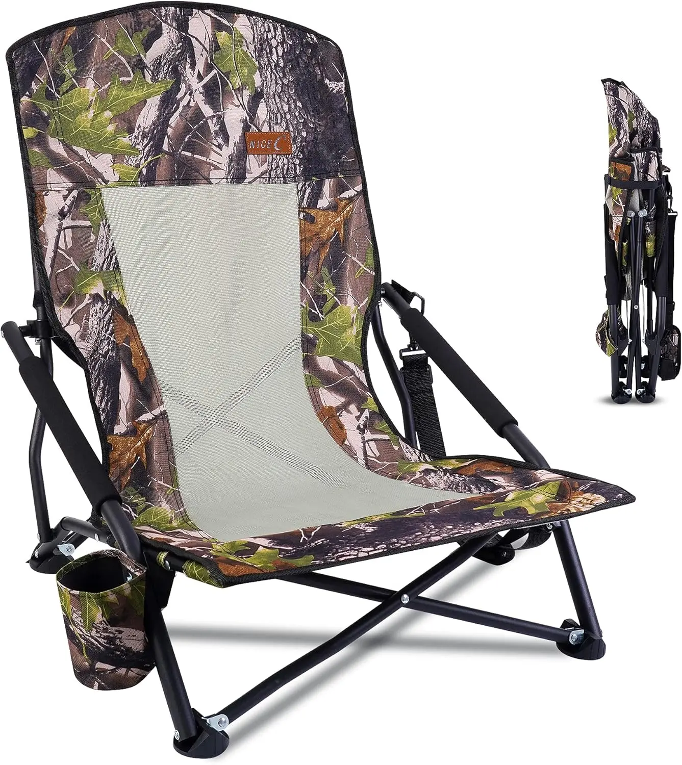 Hunting Chair Folding Outdoor Hunting Chair with Cup Holder, Breathable Mesh Design for All-Day Comfort Portable with Carry Strap Compact & Heavy-Duty Ideal for Hunting, Travel & Picnic