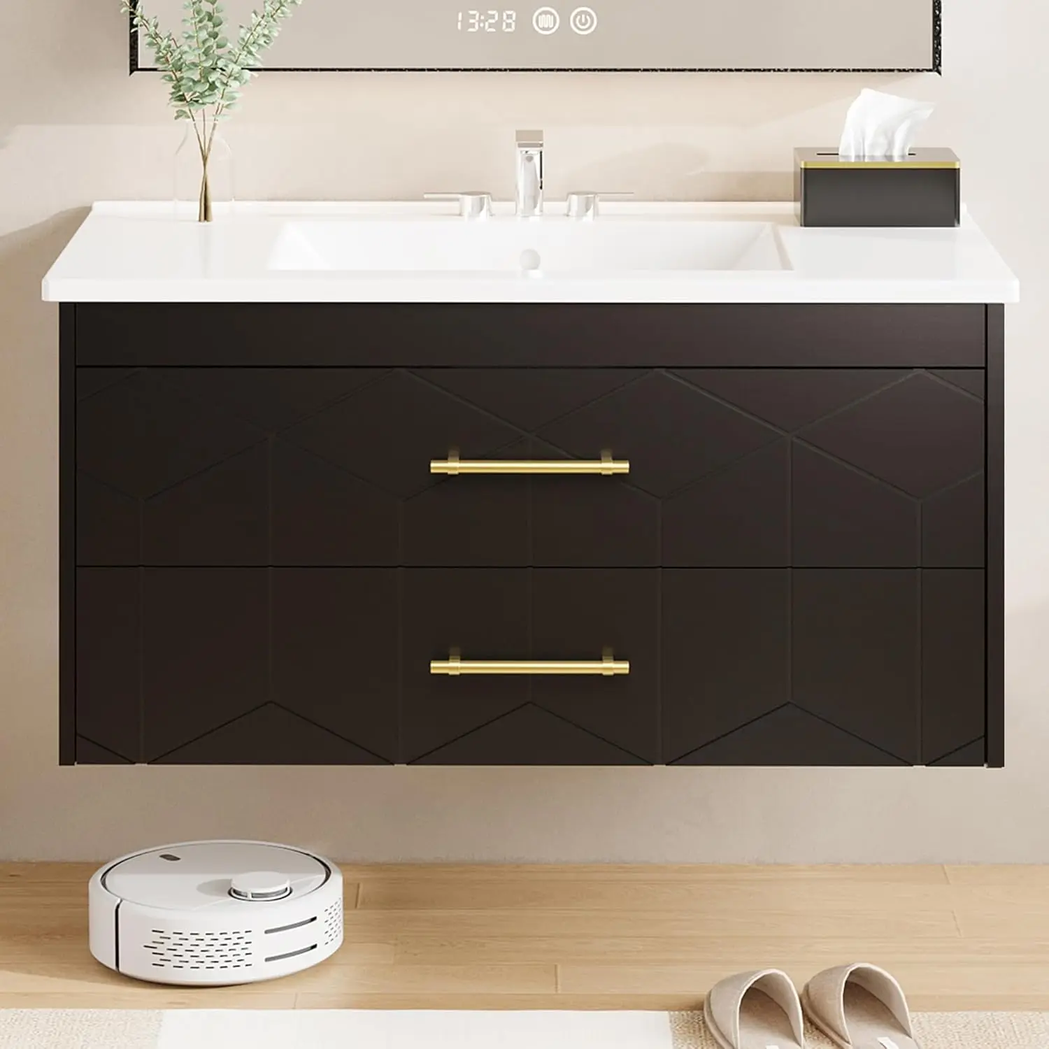 Modern Floating Bathroom Vanity Set – 36 Inch Wall Mounted Cabinet with 2 Large Soft-Close Drawers, Gold Handles, Ceramic Basin, Easy Assembly