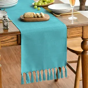 Artoid Mode Teal Tassel Table Runner, Winter Linen Blend Rustic Farmhouse Style Kitchen Table Decoration Holiday Wedding Party Dinning Decor 13X72 Inch