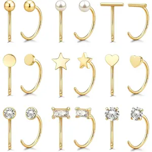 CASSIECA 9 Pairs 14K Plated Gold Huggie Half Hoop Earrings Cartilage Helix Open Hugging Earrings for Women 316L Stainless Steel Jewelry Set with 5A CZ Pearl Heart Star Bar