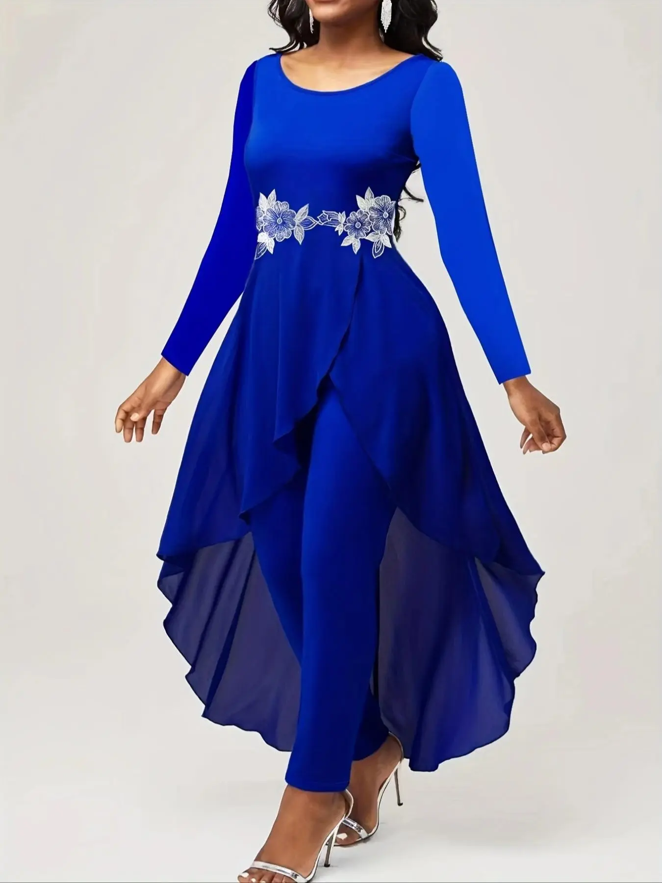 Women's 2 In 1 Asymmetrical High Low Hem Contrast Lace Skinny Fitted Jumpsuit, Long Sleeve Round Neck Elegant Chic Formal Jumpsuit For Spring & Fall, Ladies Clothes For Party