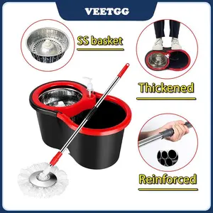 VEETGG Easywring Microfiber Spin 360 Rotating Mop Bucket Floor Cleaning System with 2 Extra Refills Mop Heads, Red/Black - Thickening Type
