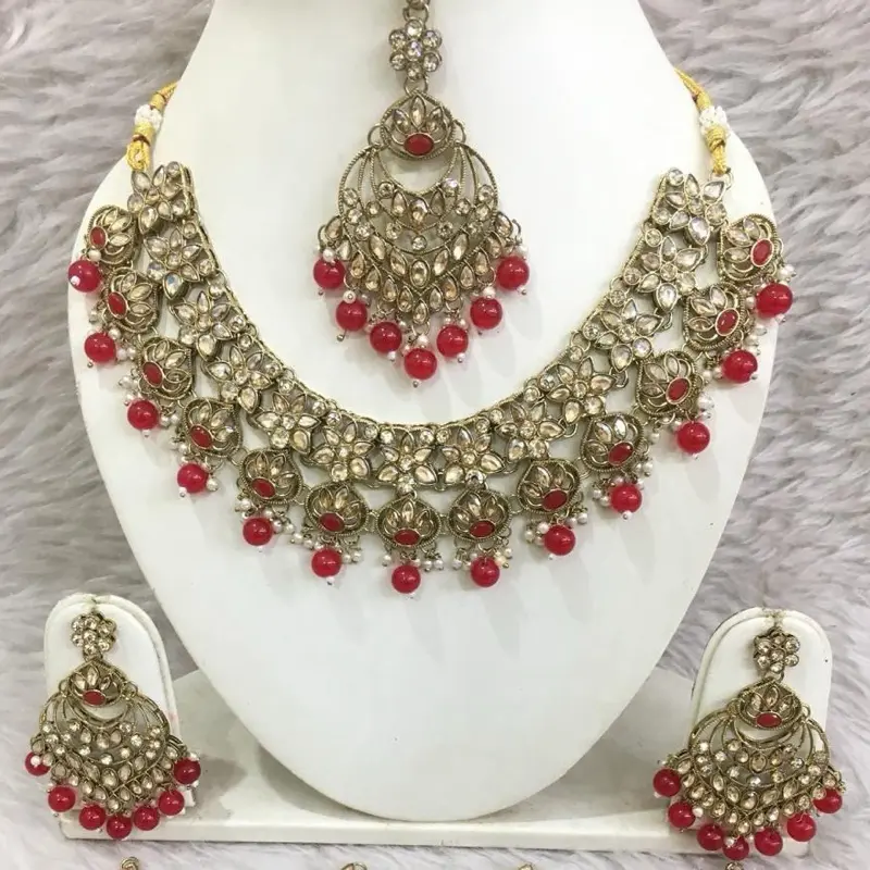 Indian Wedding Jewelry Set - Kundan Necklace Earrings & Tikka Handcrafted by Skilled Artisans in India Elegant Adults' Jewelry with Intricate Designs and Meticulous Attention to Detail