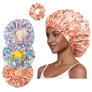 SeSe Code Double Layer Satin Bonnet for Haircare - Heatless Sleeping Hair Bonnet for Women Curly Natural Hair (Includes Bonnet + Satin Scrunchies)