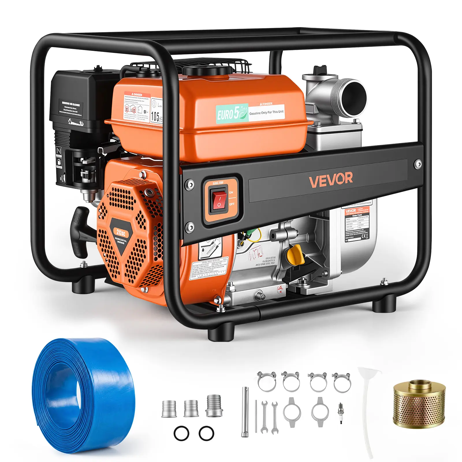 VEVOR 7HP Gasoline Powered Water Pump, 2 In Semi Trash Transfer Pump, 158 GPM Fuel-Efficient Engine, 25 ft Discharge Hose, Durable Construction, Cast Iron Impeller, Anti-Vibration Foot Pads, for Garden Irrigation, Ponds, Floodwater Control