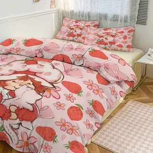 Strawberry Shortcake Comforter Set (Including 1 Bed Duvet Cover and 2 Pillowcases), Cute Cartoon Girl Pattern Bedding, Flower Printed Bedding, Kids and Young Adults Bedroom Decor