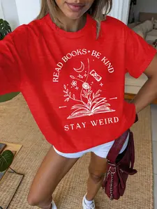 Women's Plus-Size "Keep It Weird" Reading T-Shirt - Fitted Design, Medium-Thickness Knitted Fabric, Comfortable Casual Top