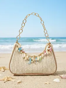 Summer Beach Starfish Decorated Woven Shoulder Bag/tote Bag, Straw Handbag, Casual Style, Perfect for Beaches and Outdoors