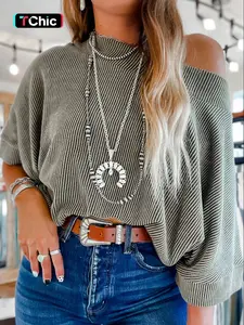 Women's Striped Boat Neck Batwing Sleeve Oversized Knitted Blouse Shirts, Womenswear Casual Half Sleeve Top for All Seasons, Perfect for Daily Wear