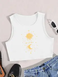 Essnce 1pcs Solid Round Neck Sleeveless Cropped Top, Tee