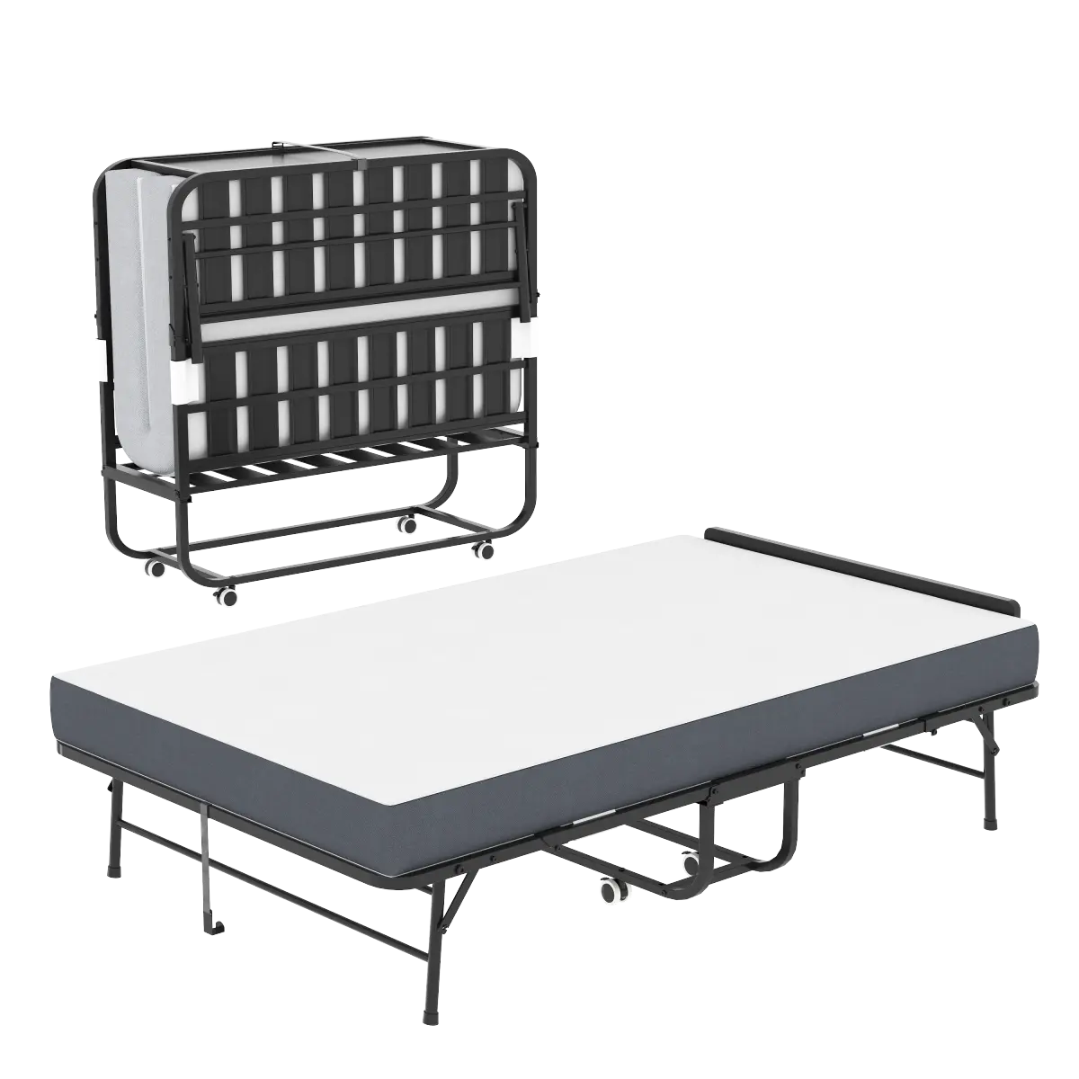 Bellemave Adjustable Fold-Out Full Size Bed - 75x46 in, 4.7" Supportive Memory Foam, All-Metal Frame, Cushioned Headboard, Easy-Install Compact Bed, Portable Guest Room Solution, Adjustable Bed Beds