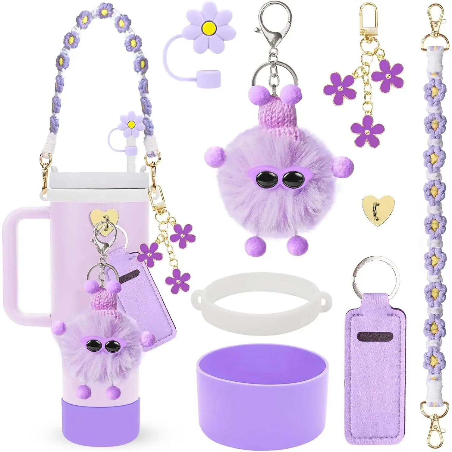 Stanley Cup Accessories Set Contains Water Bottle Handle Strap, Silicone Cup Boot, Silicone Straw Cover, Fluffy Plush Ball, Pendant, Stanley Charms for Stanley Cup 40oz 30oz Tumbler Drinkware Mug