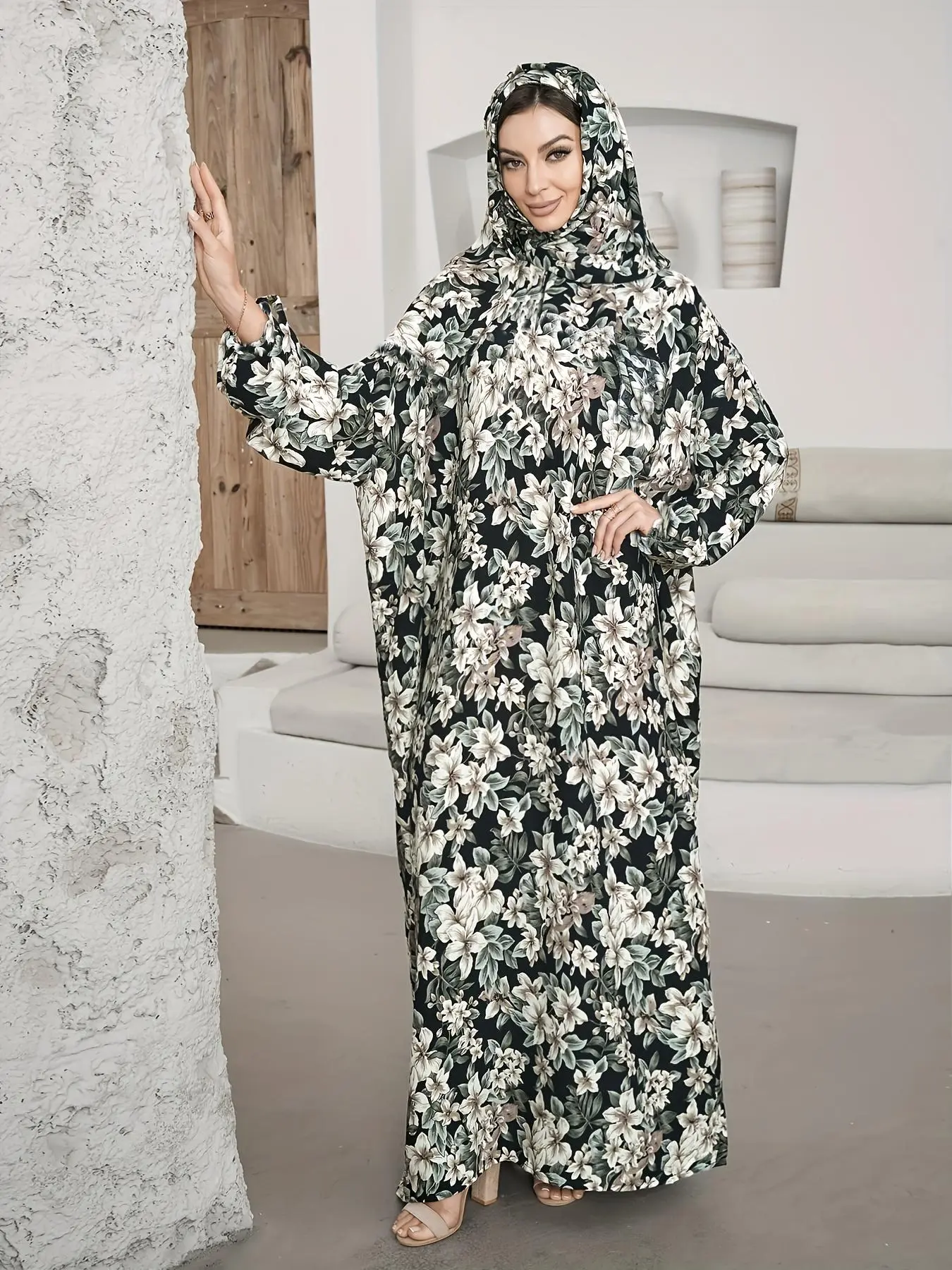 Women's Floral Print Batwing Sleeve Hooded Arabian Kaftan Dress, Modest Zipper Design Long Sleeve Hooded Dress for Muslim, Ladies Islamic Clothing for All Seasons