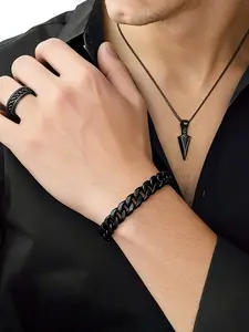 3-Piece Men's Trendy Jewelry Set, Arrow Pendant Necklace, Cuban Chain Bracelet, Rotating Ring, Hip Hop Street Style, Daily Wear, Gift for Boyfriend