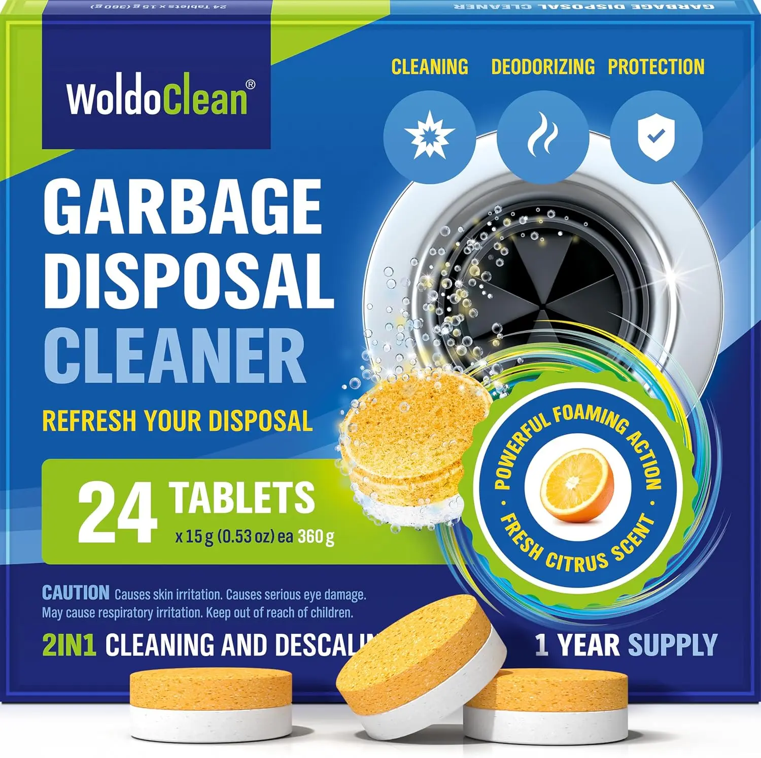 WoldoClean Garbage Disposal Cleaner Tablets, 24 Pack Citrus Foaming Deodorizer for Kitchen Sink Drains