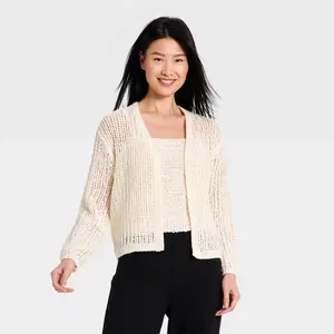 Women's Long Sleeve Tape Yarn Open Cardigan - A New Day Cream M