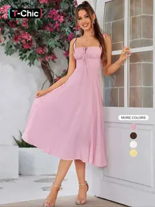 Women's Woven Lace Up Split Thigh Cami Dress, Elegant Slim Lightweight Adjustable Strap Backless Tie Front Midi Dress, Women's Dress for Summer Beach Holiday Casual Wear