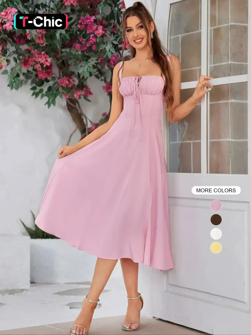 Women's Plain Split Thigh Tie Front Lace Up Tank Dress, Casual Fashion Ruched Square Neck Midi Dress for Daily Outdoor Wear, Women Dress for Summer, Front Knot Dress - TikTok Shop Women's Plain Split Thigh Tie Front Lace Up Tank Dress, Casual Fashion Ruched Square Neck Midi Dress for Daily Outdoor Wear, Women Dress for Summer, Front Knot Dress - TikTok Shop