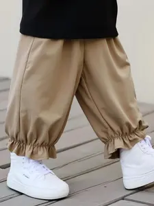 Kids Plain Lace Trim Long Pants for Autumn, Comfortable Fashionable Trousers for Boys and Girls, Stylish Fall Apparel for Children