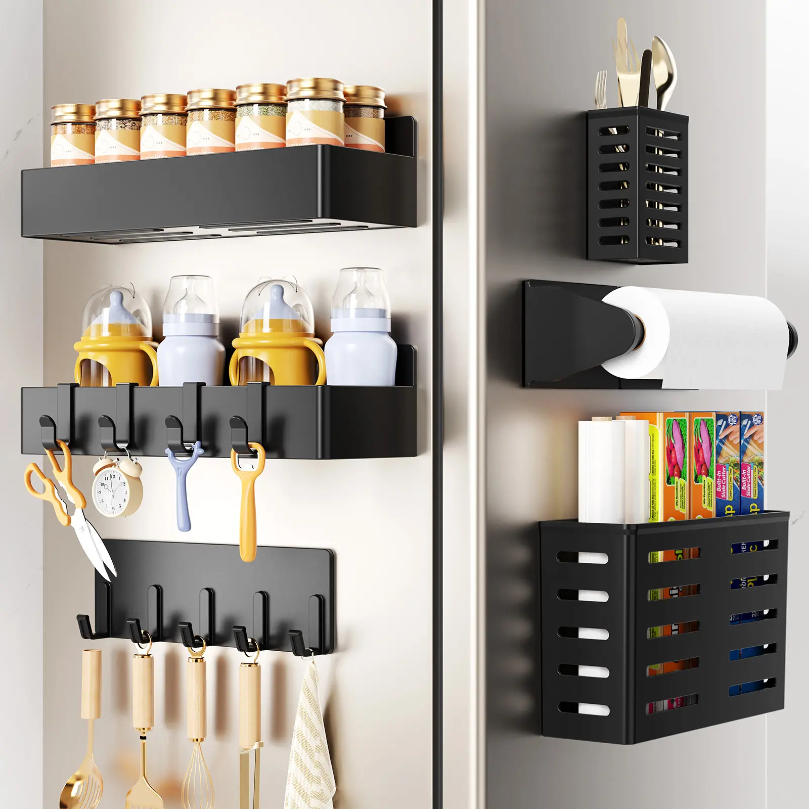 Nieifi 6-Pack Magnetic Kitchen Storage Rack Organiser Set - Deepened ABS Metal Shelf, Dustproof Design, Paper Towel Holder, Utensil Hooks, Easy-Installation Fridge Side Display (Black)