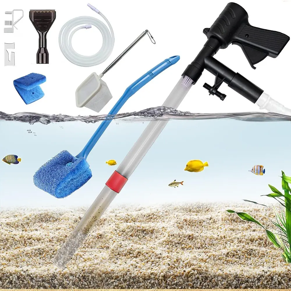 Aquarium Gravel Cleaner, Quick Water Change Tool with Thermometer, Siphon Vacuum, Net Scoop, Long Handle Sponge Brush, Fish Cleaning Supplies