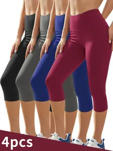 4-Pack Women’s High-Waist Capri Leggings – with pockets, tummy control, squat-proof design; 7/8 yoga pants for spring, summer, and fall workouts; summervibes; womenswear