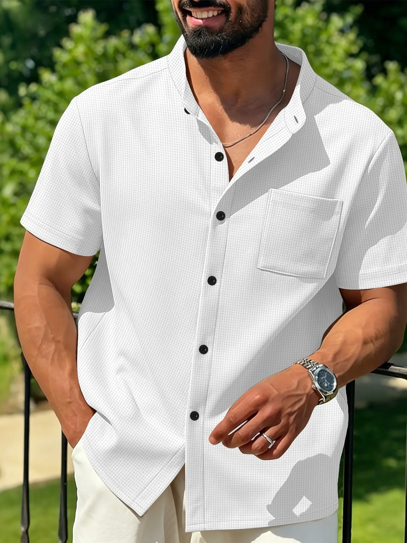 Men's Breathable Cuban Collar Short Sleeve Pocket Shirt, Casual Fashion Shirt, Casual Daily Wear, Beach & Workwear, Lightweight Button-Up Top, Comfortable & Stylish