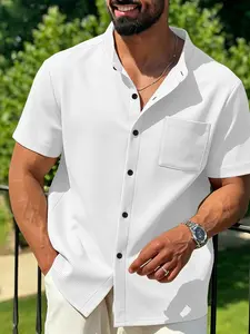 Men's Breathable Cuban Collar Short Sleeve Pocket Shirt, Casual Daily Wear, Beach & Workwear, Lightweight Button-Up Top, Comfortable & Stylish