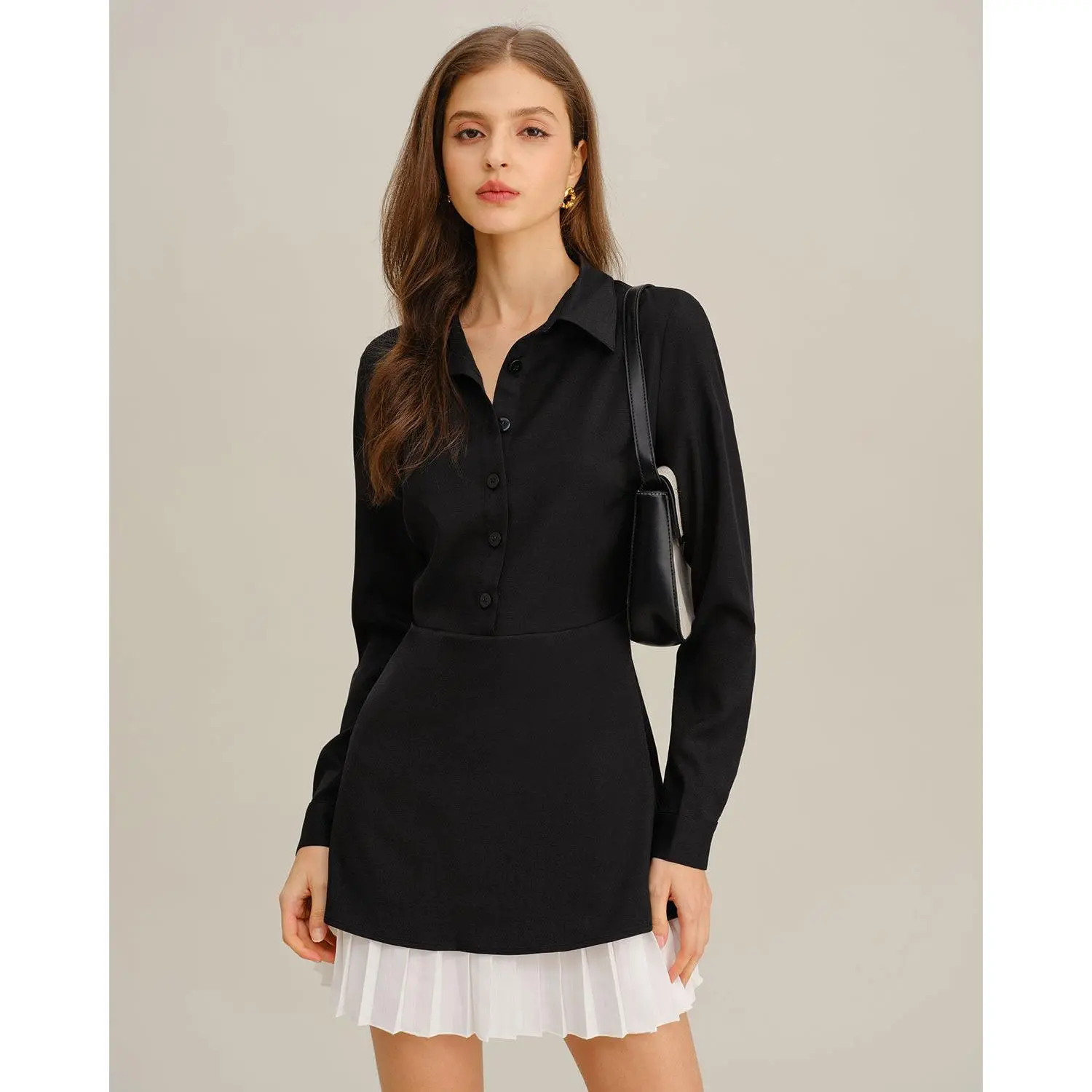 Rihoas Women's Basic Solid Black Natural Waist A-Line Mini Shirt Dress - Button-Front, Long-Sleeve, Polyester Blend, Contrasting Colors, Zipper Detail, Office Workwear Occasion