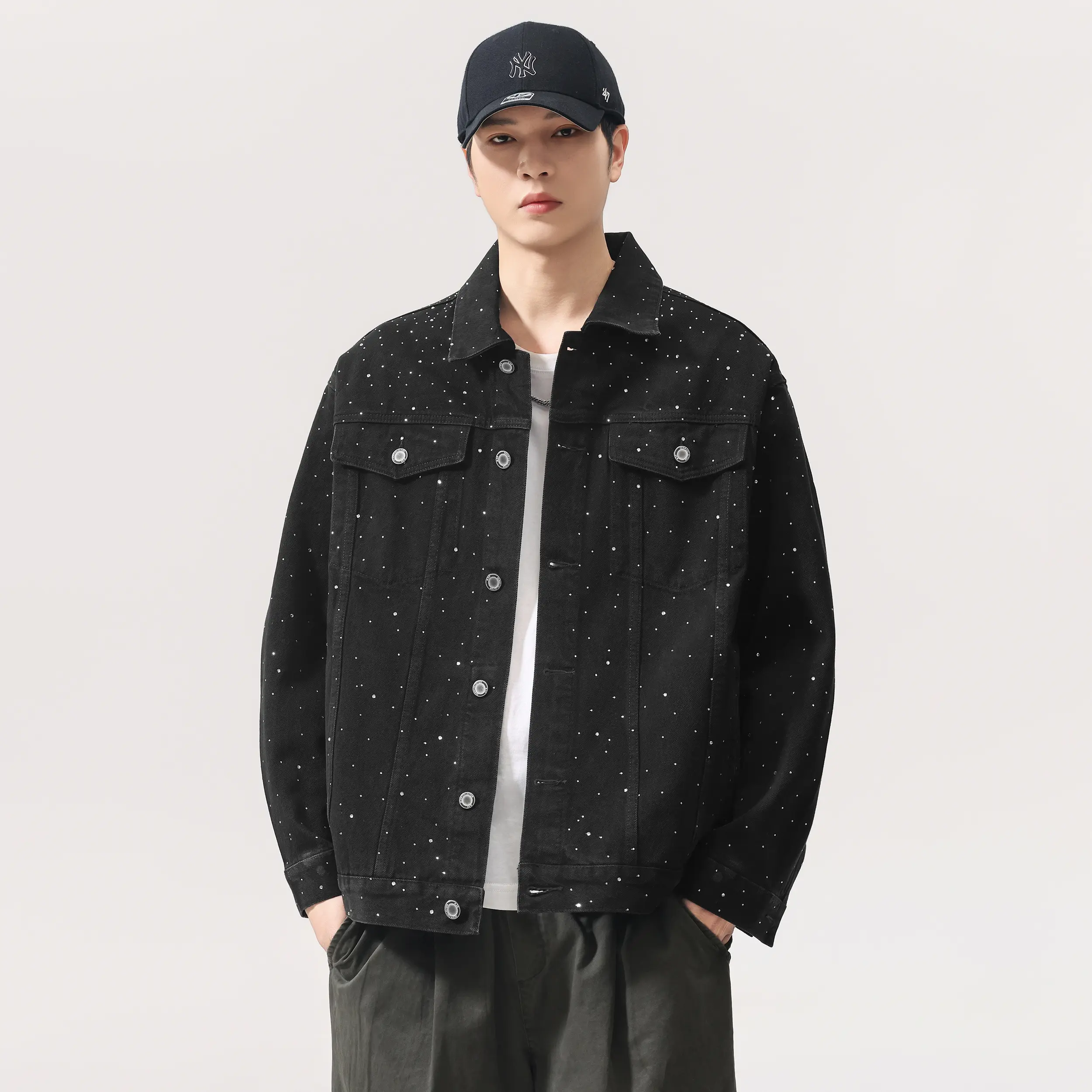 Men's Casual Denim Jacket in a Vintage Streetwear Style, Oversized Unisex Fit with Rhinestone Embellishments and Button Front, Tops, Menswear, Clothes